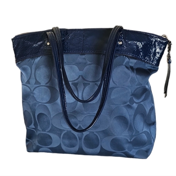 Coach Laura patent leather satin fabric navy blue sholder tote bag. - Picture 2 of 11